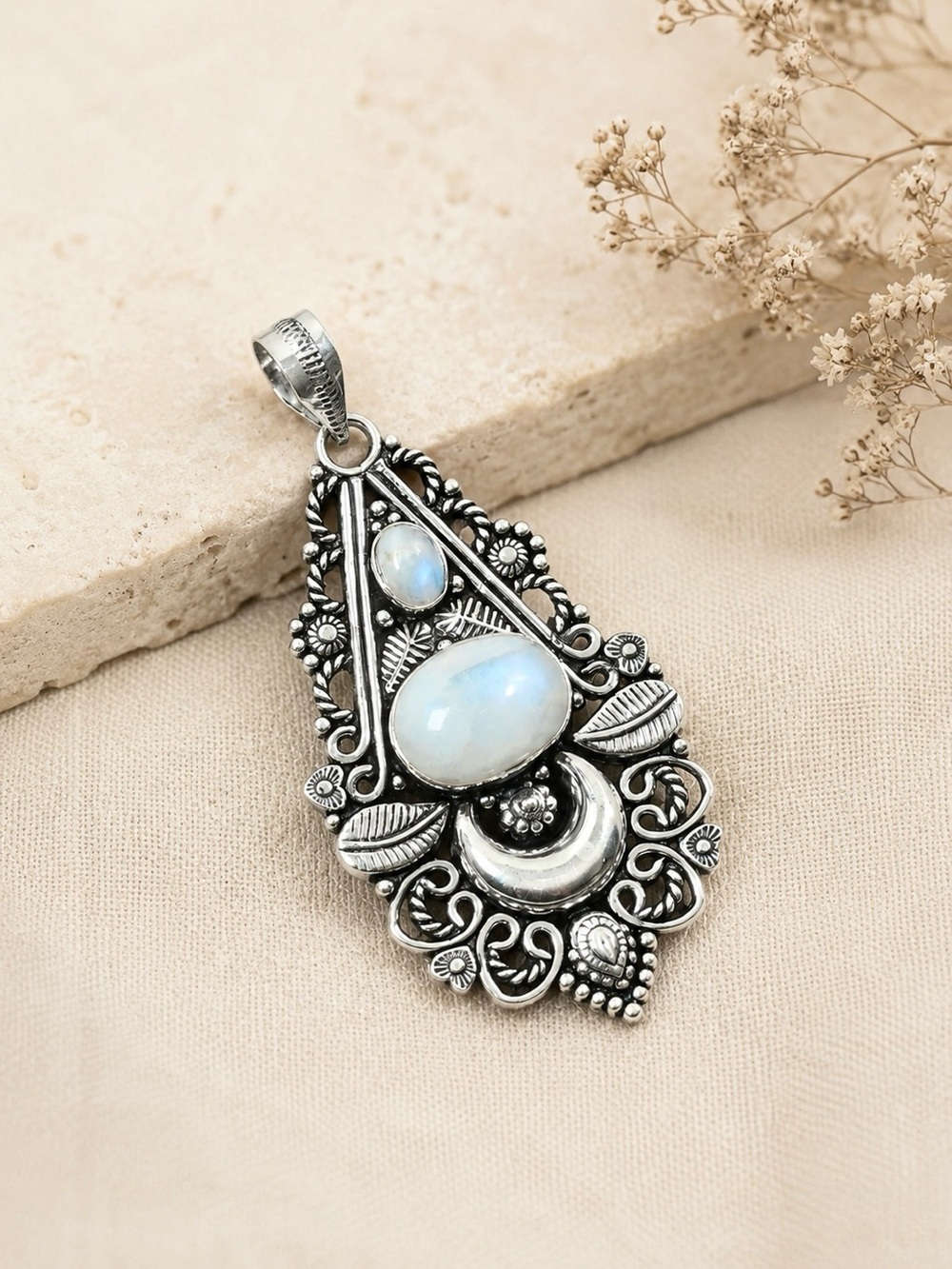 Double Rainbow Moonstone Silver 2.8” Pendant